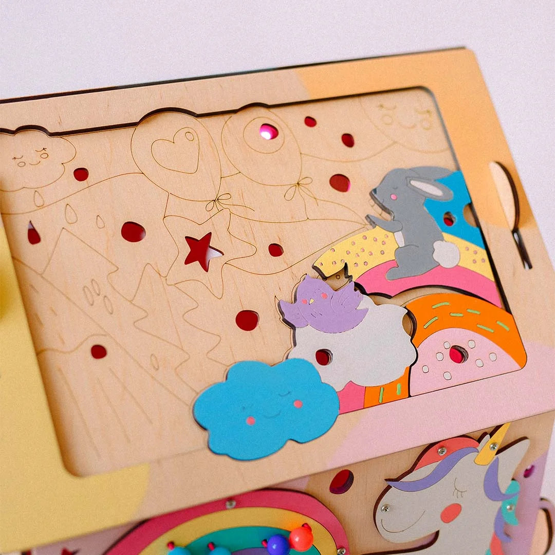 wooden busy house with puzzles