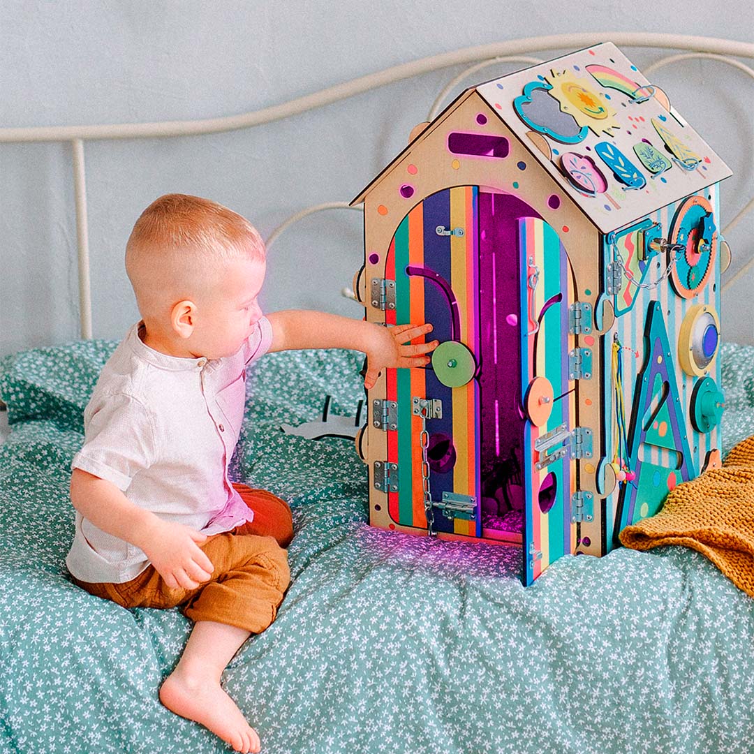 interactive wooden activity toy with zoo theme