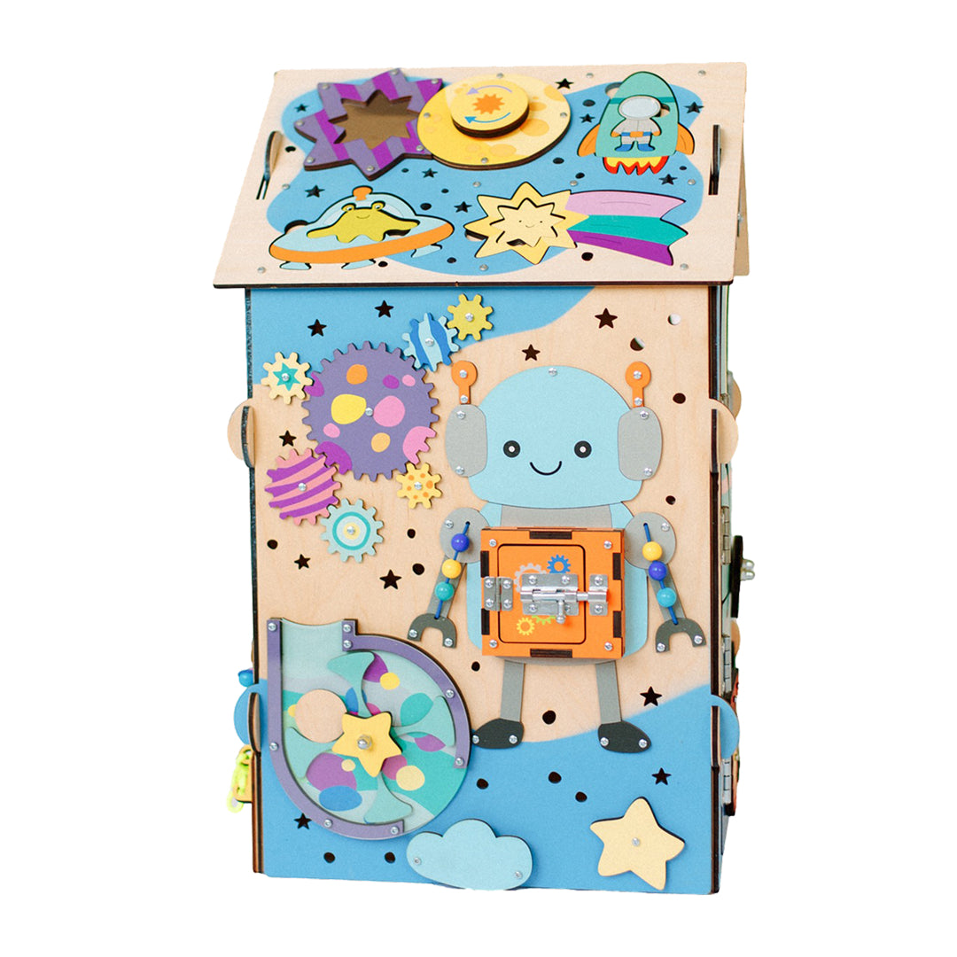 montessori board with planets and gears