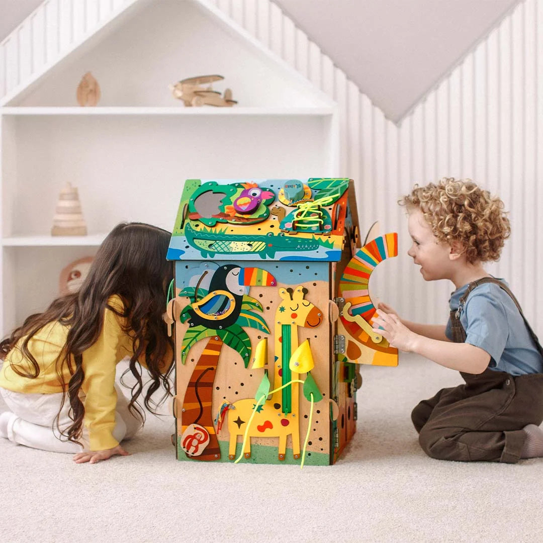 Interactive door play on Montessori busy board