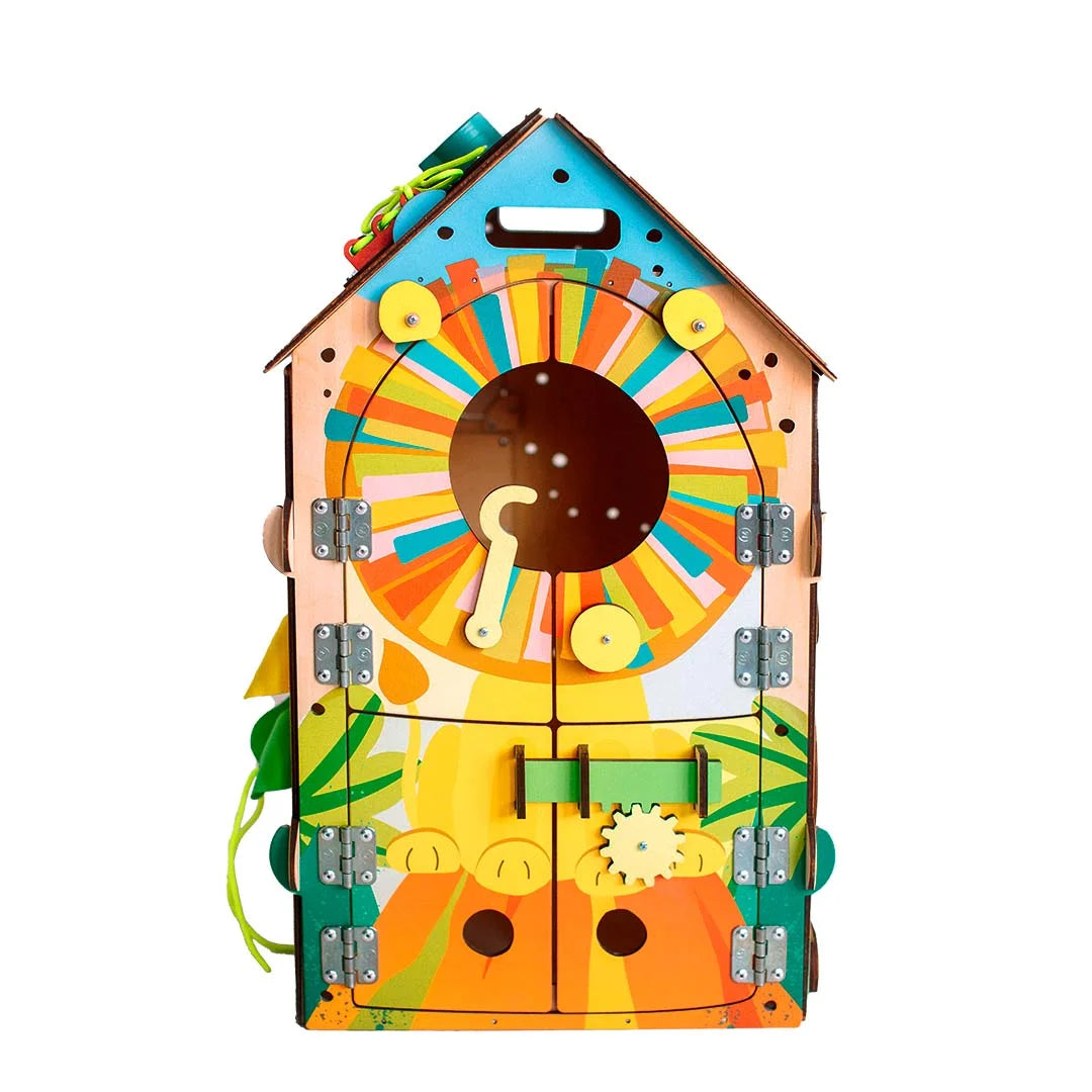 Interactive doors on Montessori busy board jungle house