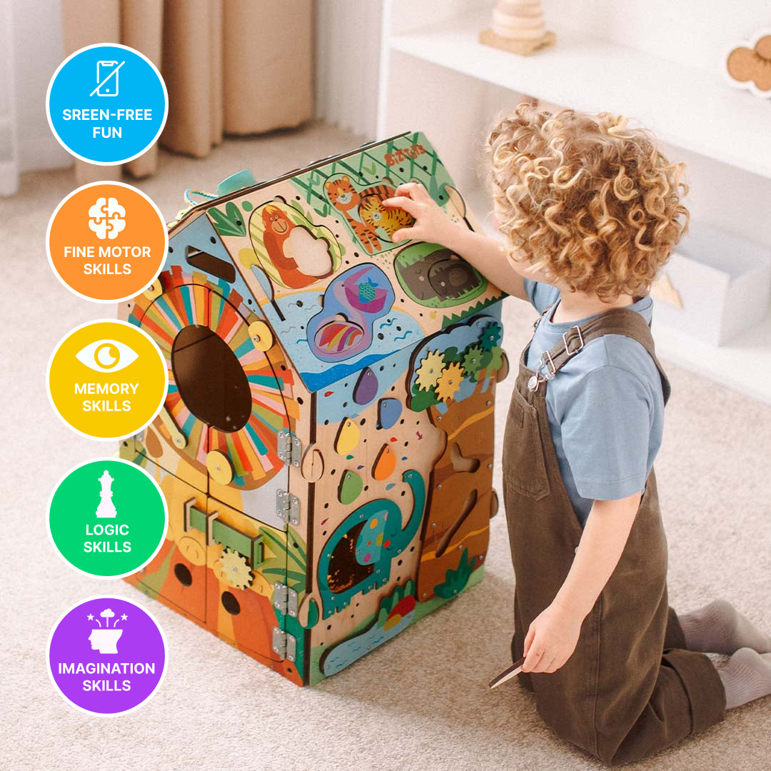 Handmade Montessori jungle busy board with eco-friendly materials