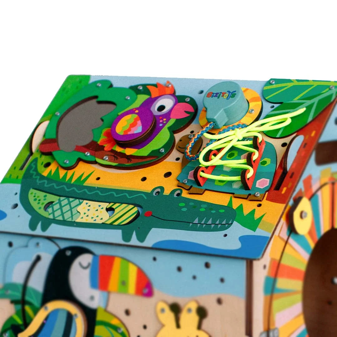 Puzzle roof on Montessori busy board for toddlers
