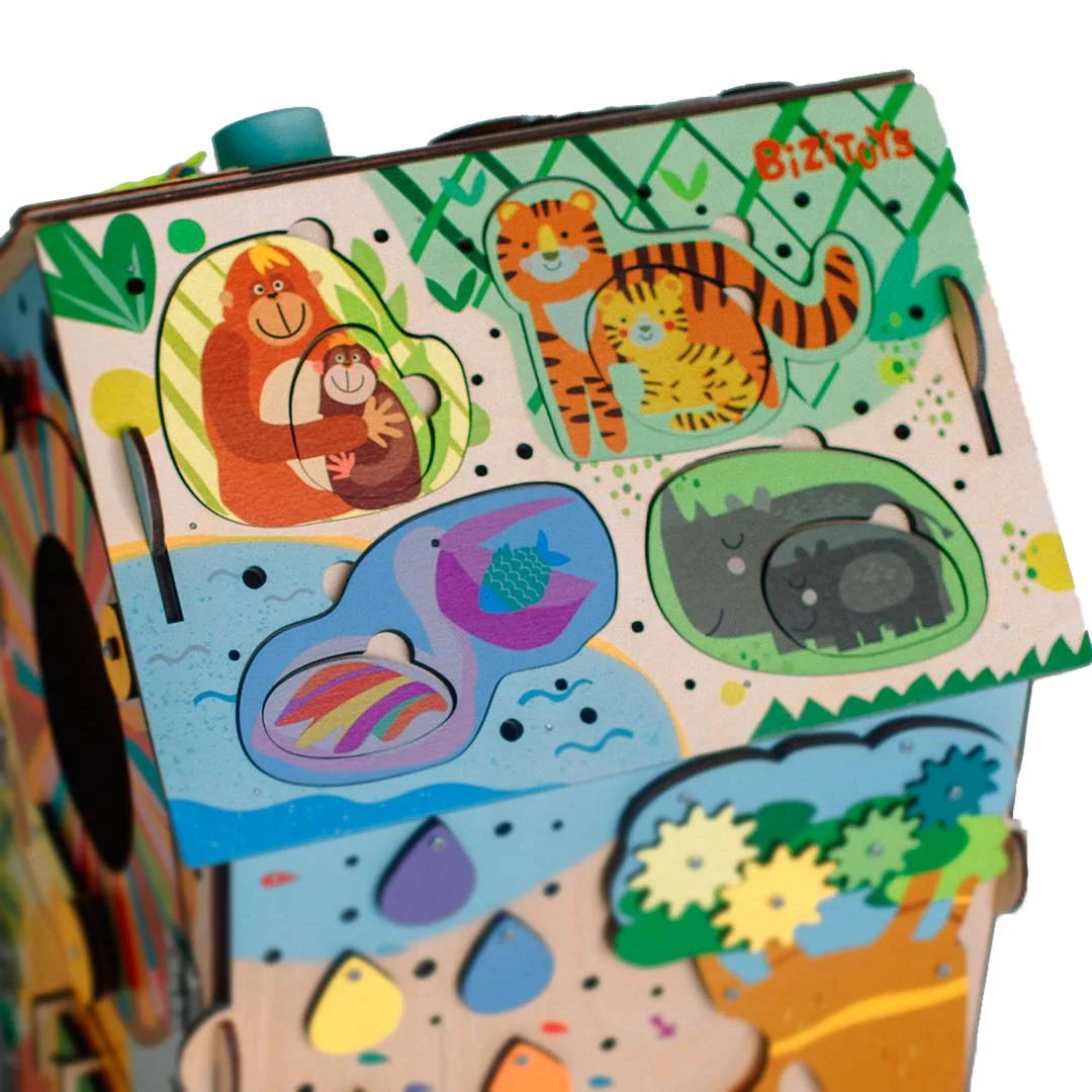 Puzzle roof on Montessori jungle busy board playhouse