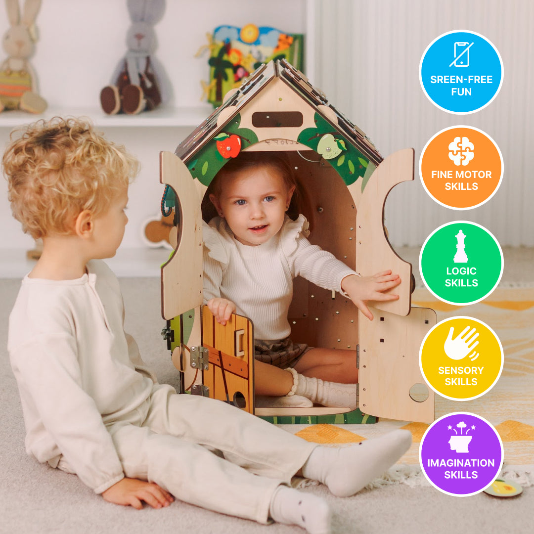 preschool activity board with animals and puzzles