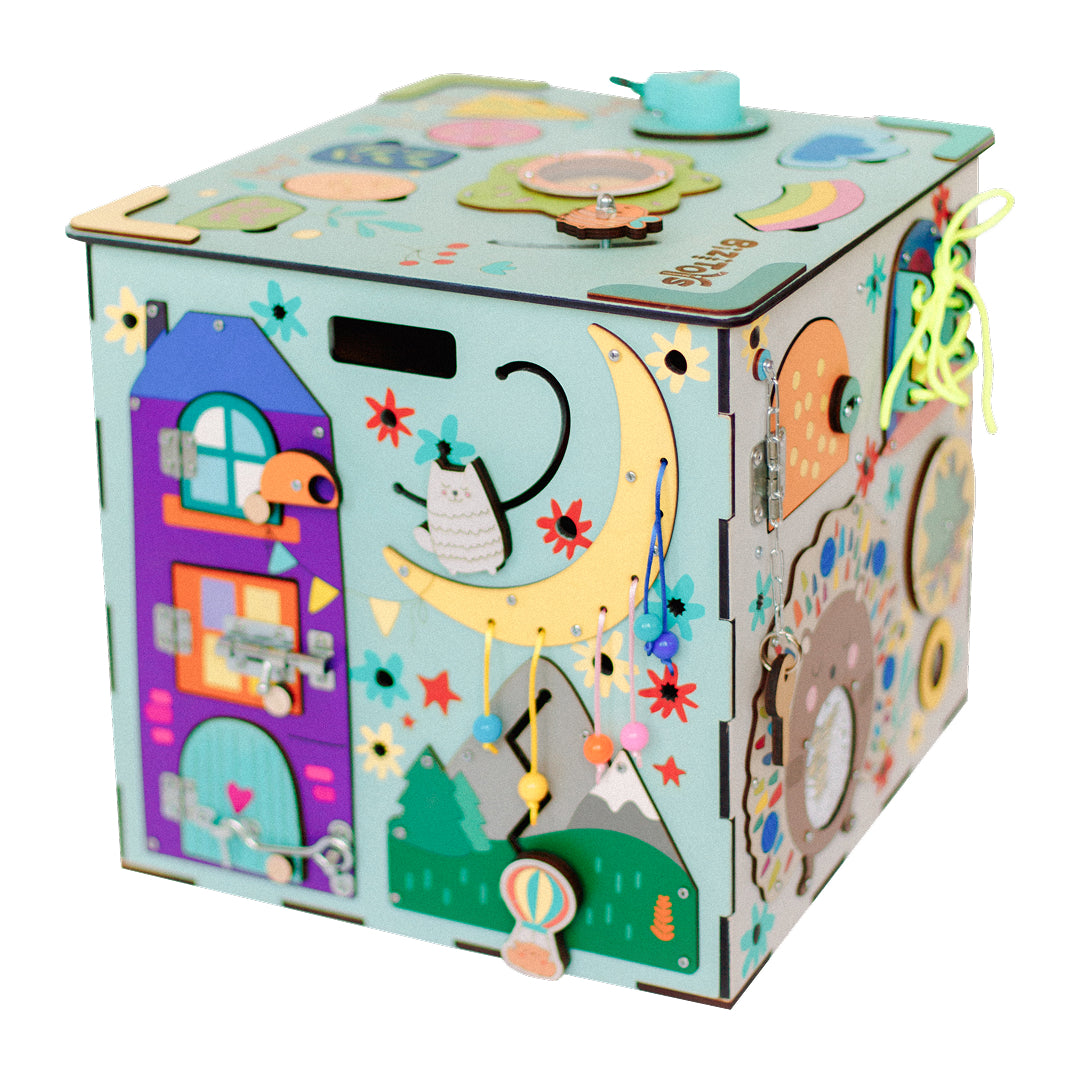 wooden busy cube blue